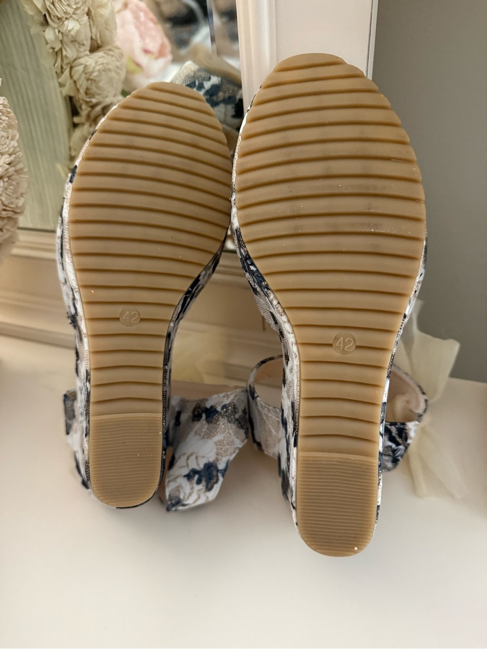 Floral Lace Wedge Sandals with Cream Bow Accent - Picture 6 of 6